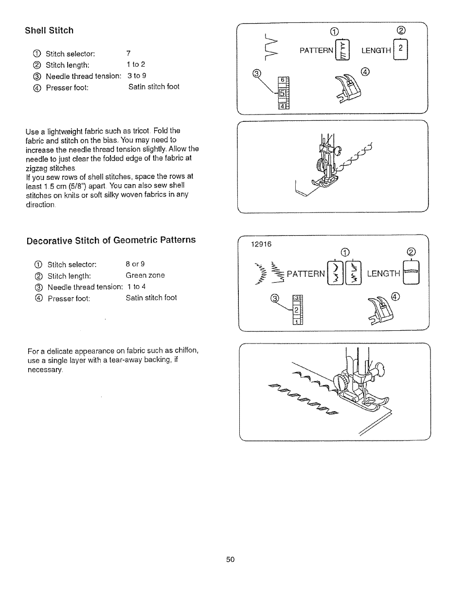 Shell stitch, Decorative stitch of geometric patterns | Sears 385.12912 User Manual | Page 58 / 79