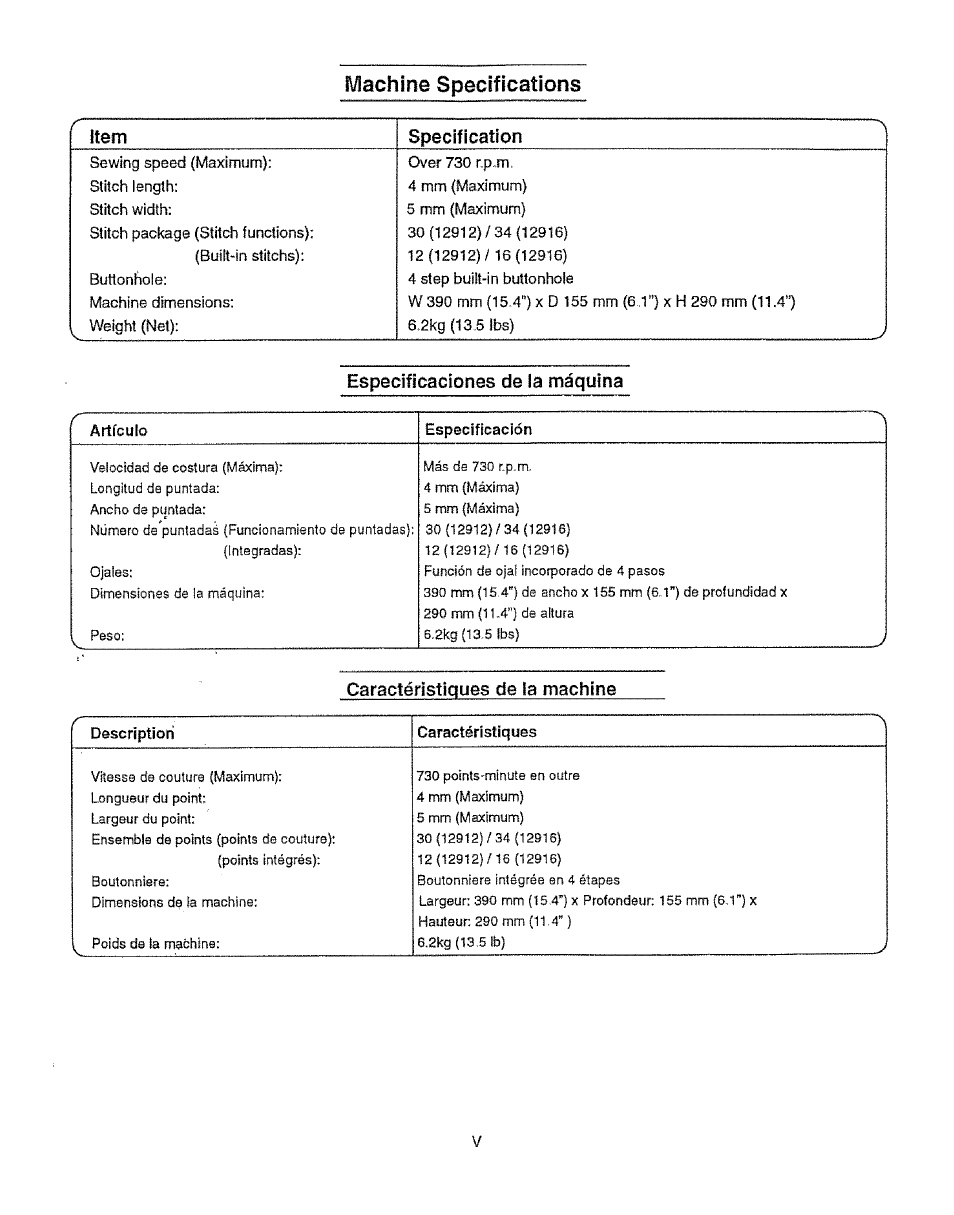 Especificaciones de la máquina, Caractéristiques de la machine, Machine specifications | Sears 385.12912 User Manual | Page 6 / 79