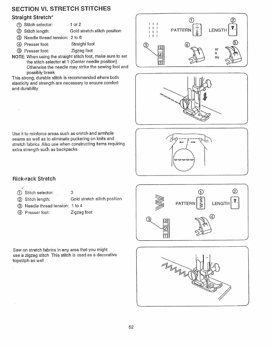 Section vi. stretch stitches, Straight stretch, Rick-rack stretch | Sears 385.12912 User Manual | Page 60 / 79