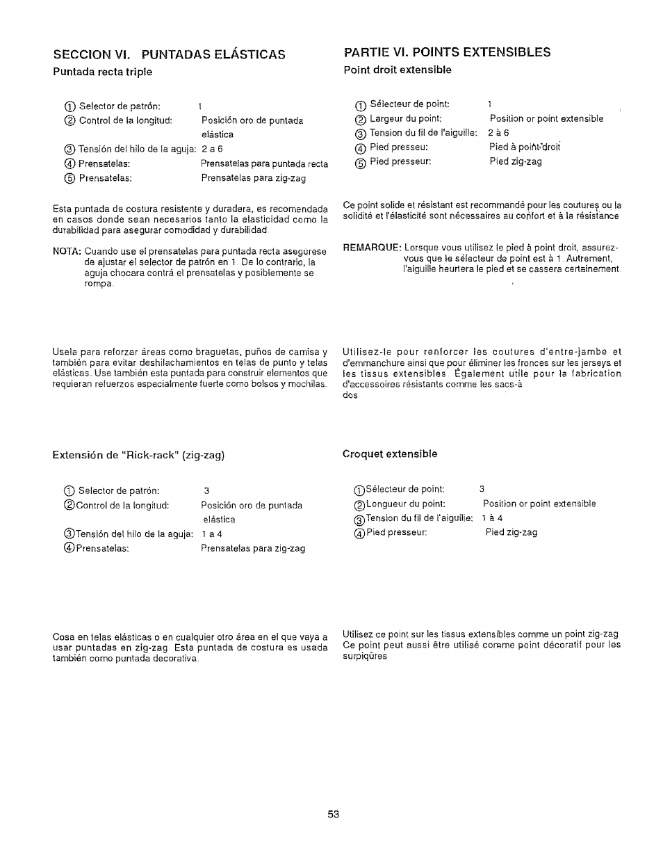 Extension de “rick-rack" (zig-zag), Seccion vi. puntadas elasticas, Partie vi. points extensibles | Sears 385.12912 User Manual | Page 61 / 79