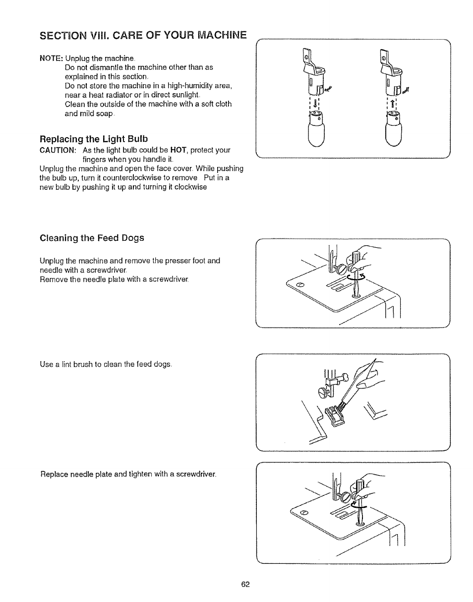 Replacing the light bulb, Cleaning the feed dogs, Replacing the light buib cleaning the feed dogs | Sears 385.12912 User Manual | Page 70 / 79