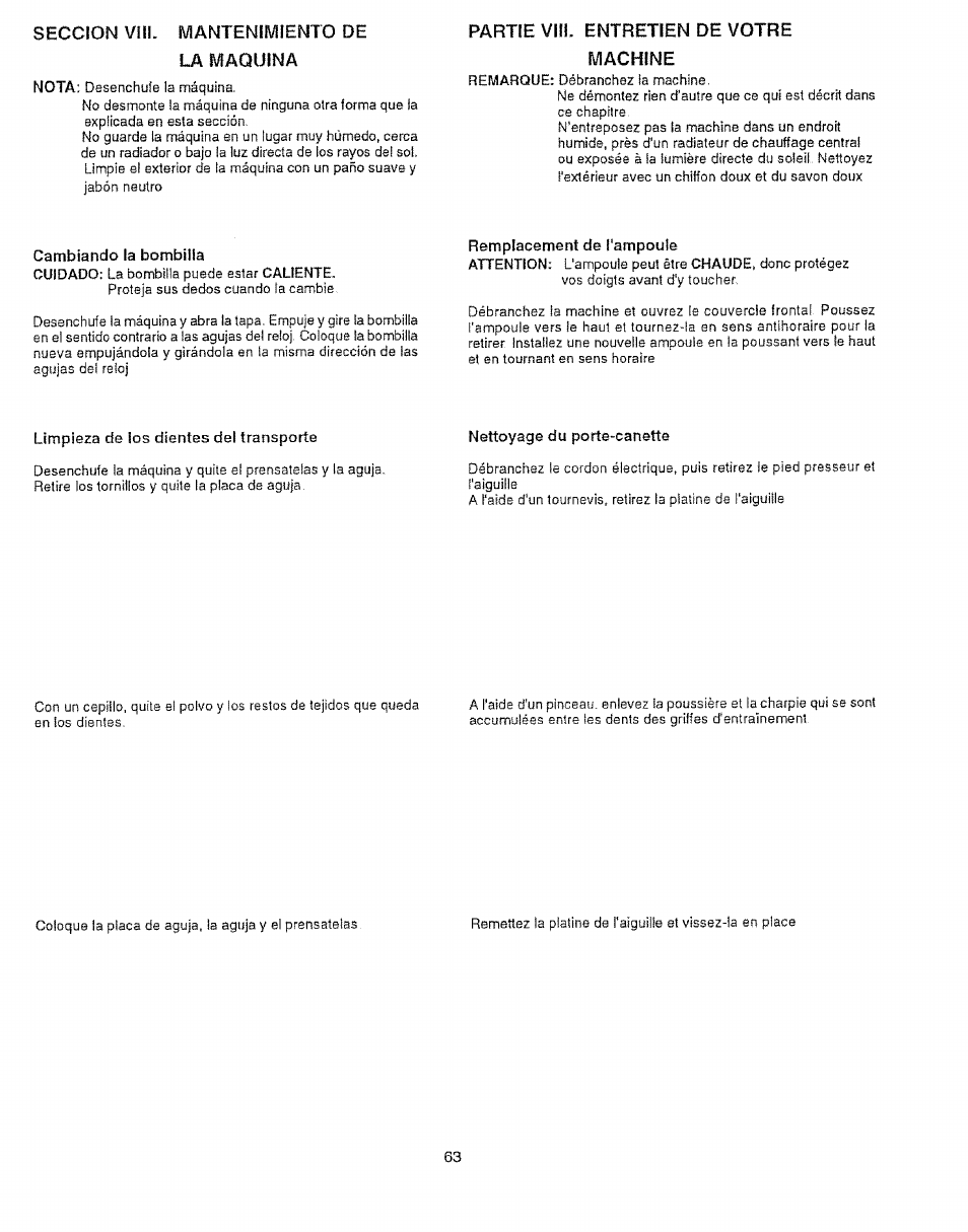 Mantenimiento de la maquina, Partie vii!. entretien de votre machine, Cambiando la bombilla | Remplacement de l'ampoule, Limpieza de ios dientes del transporte, Nettoyage du porte-canette, Limpieza de los dientes del transporte, Rempiacement de i'ampoule, Seccion vili. mantenimiento de la maquina | Sears 385.12912 User Manual | Page 71 / 79