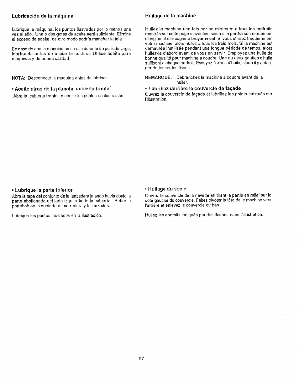 Lubrique la parte inferior, Huilage du socle, Lubrique leparte inferior | Huifage du socle | Sears 385.12912 User Manual | Page 75 / 79