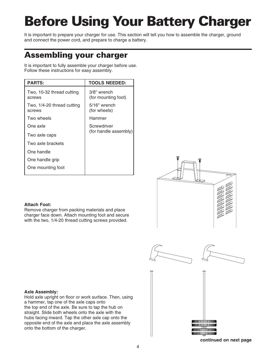 Before using your battery charger, Assembling your charger | Sears 200.71233 User Manual | Page 5 / 15