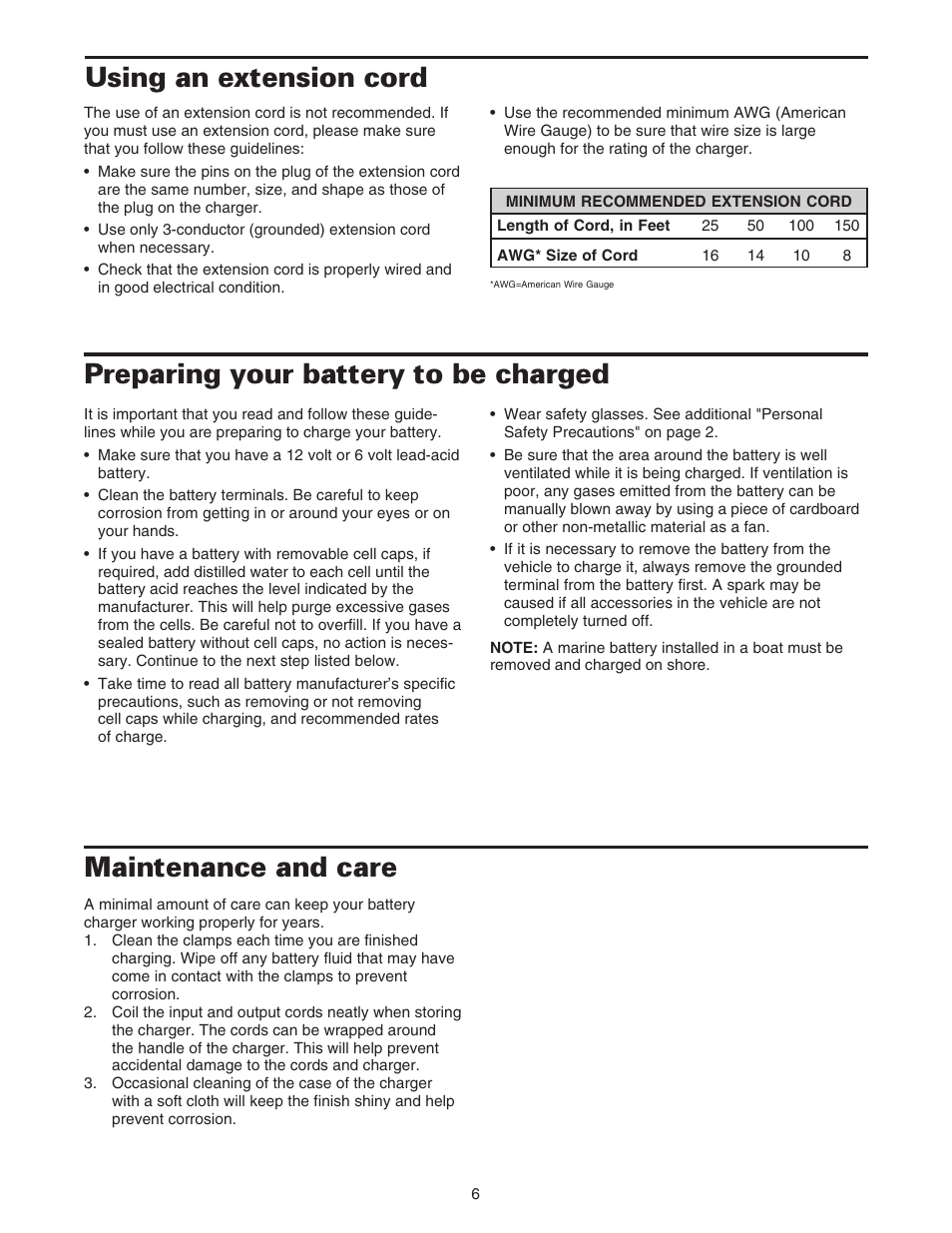 Using an extension cord, Preparing your battery to be charged, Maintenance and care | Sears 200.71233 User Manual | Page 7 / 15