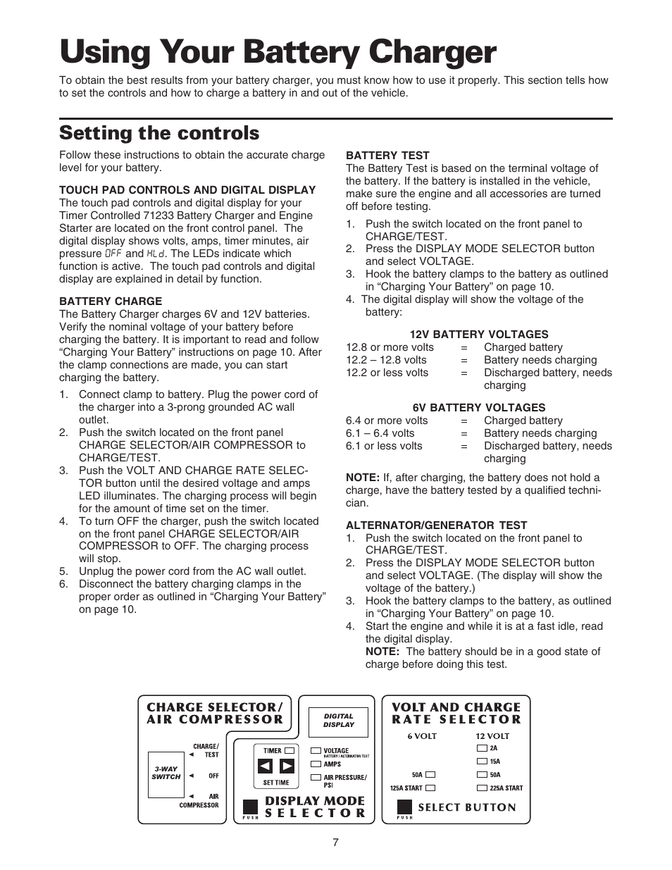 Using your battery charger, Setting the controls | Sears 200.71233 User Manual | Page 8 / 15