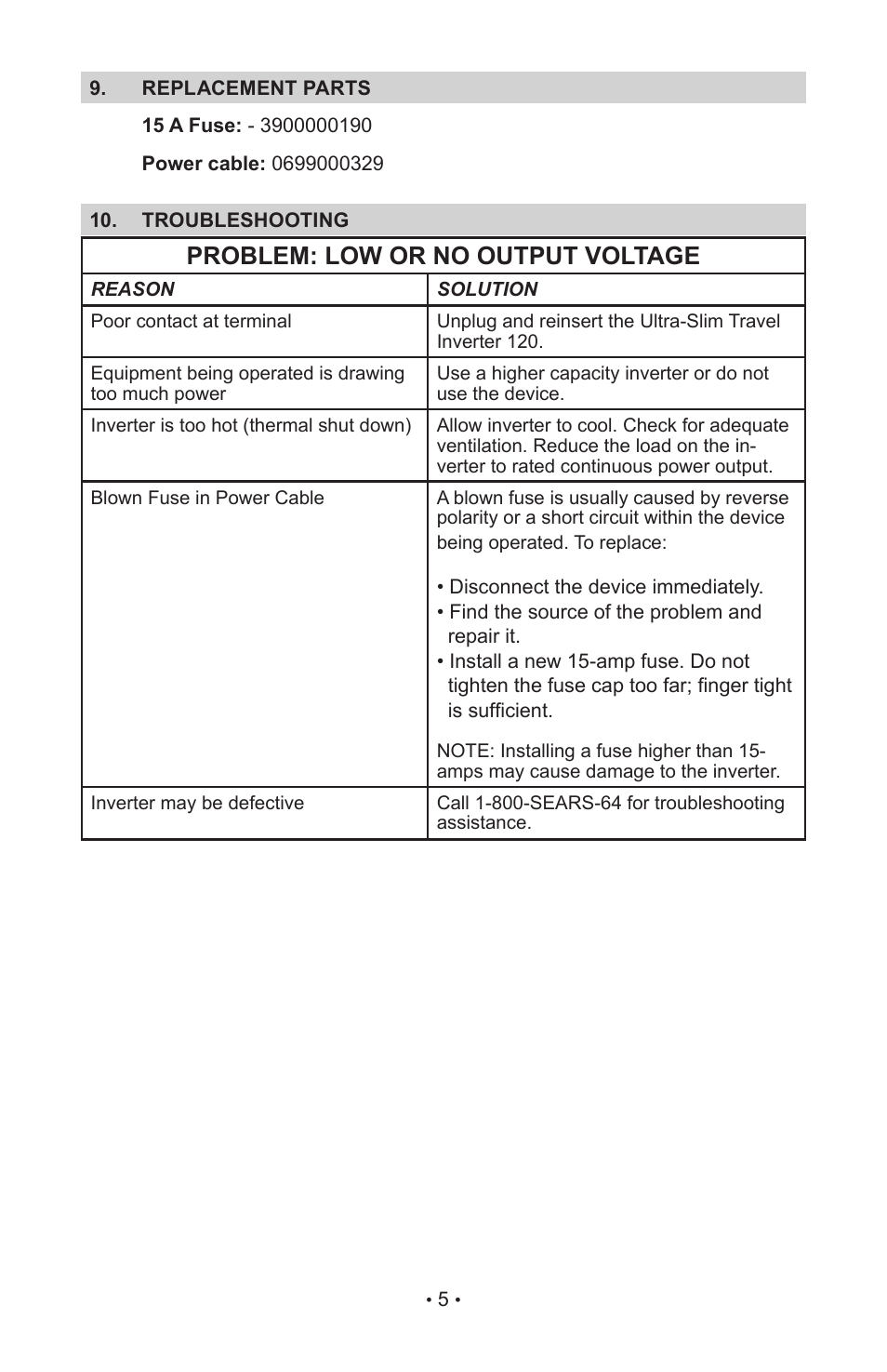 Problem: low or no output voltage | Sears 200.71520 User Manual | Page 7 / 8