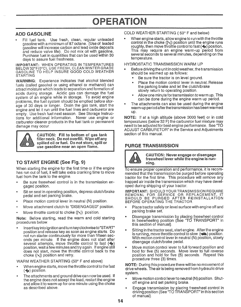 Add gasoline, To start engine (see fig. 9), Purge transmission | Operation | Sears 917.25953 User Manual | Page 14 / 30