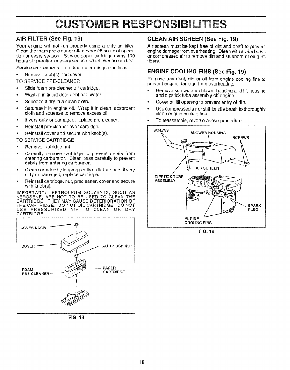 Customer responsibilities, Air filter (see fig. 18), Clean air screen (see fig. 19) | Engine cooling fins (see fig. 19), Customer responsibilities -20 | Sears 917.25953 User Manual | Page 19 / 30