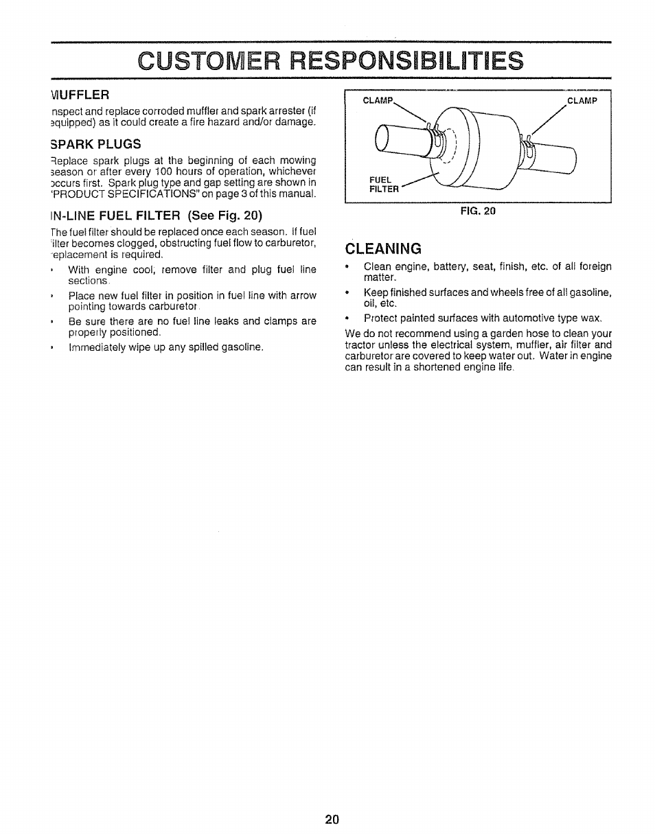 Vluffler, Spark plugs, In-line fuel filter (see fig. 20) | Customer responsibilities | Sears 917.25953 User Manual | Page 20 / 30