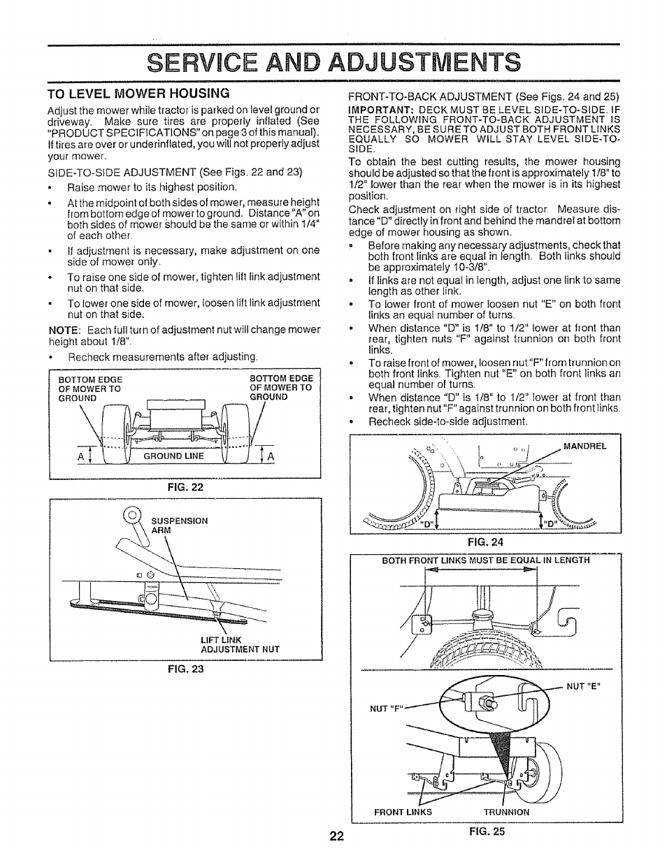 To level mower housing, Service and adjustments | Sears 917.25953 User Manual | Page 22 / 30