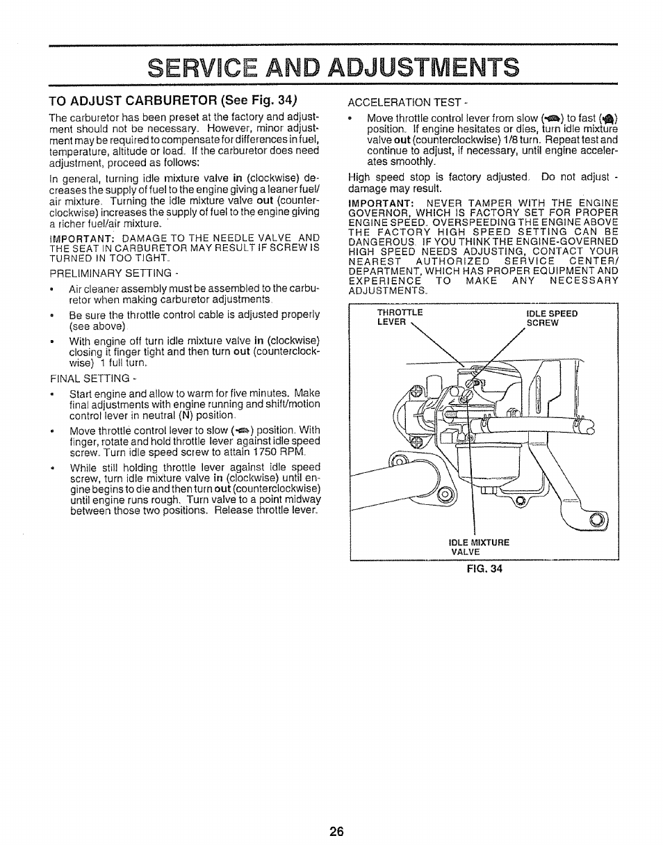 To adjust carburetor (see fig. 34), Service and adjustments | Sears 917.25953 User Manual | Page 26 / 30