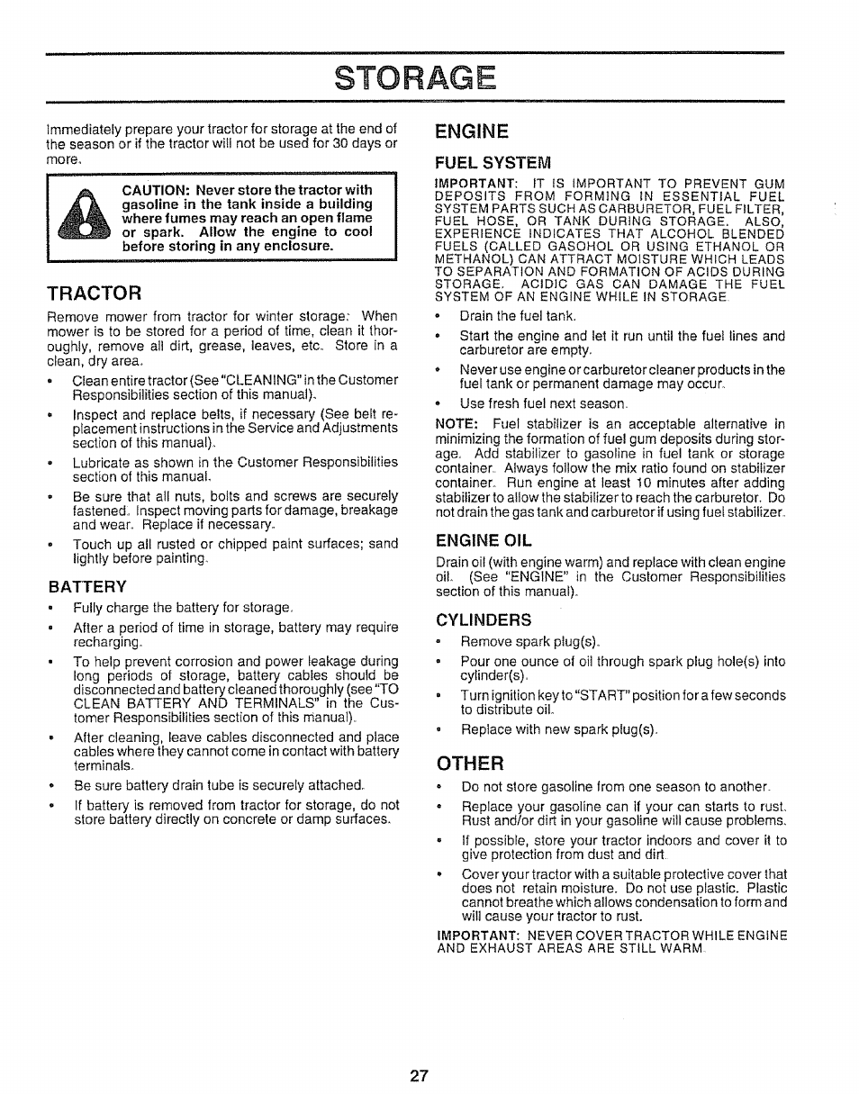 Storage, Battery, Fuel system | Engine oil | Sears 917.25953 User Manual | Page 27 / 30