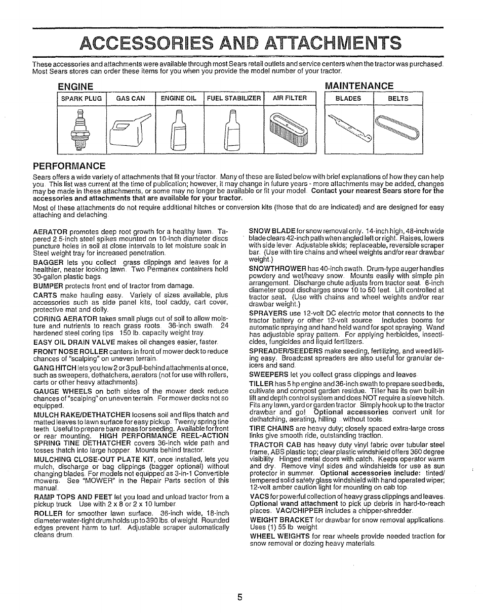 Engine, Maintenance, Performance | Accessories and attachments, Engine maintenance performance | Sears 917.25953 User Manual | Page 5 / 30
