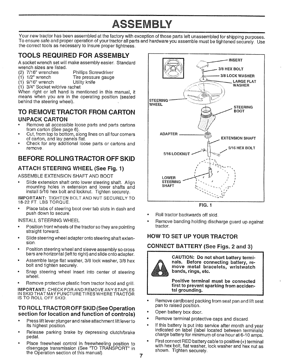 Assembly, Unpack carton, Attach steering wheel (see fig, 1) | Assembly -9 | Sears 917.25953 User Manual | Page 7 / 30