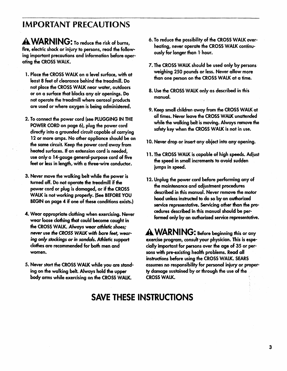 Important precautions, Awarning, Save these instructions | Sears CROSS WALK 831.297311 User Manual | Page 3 / 16