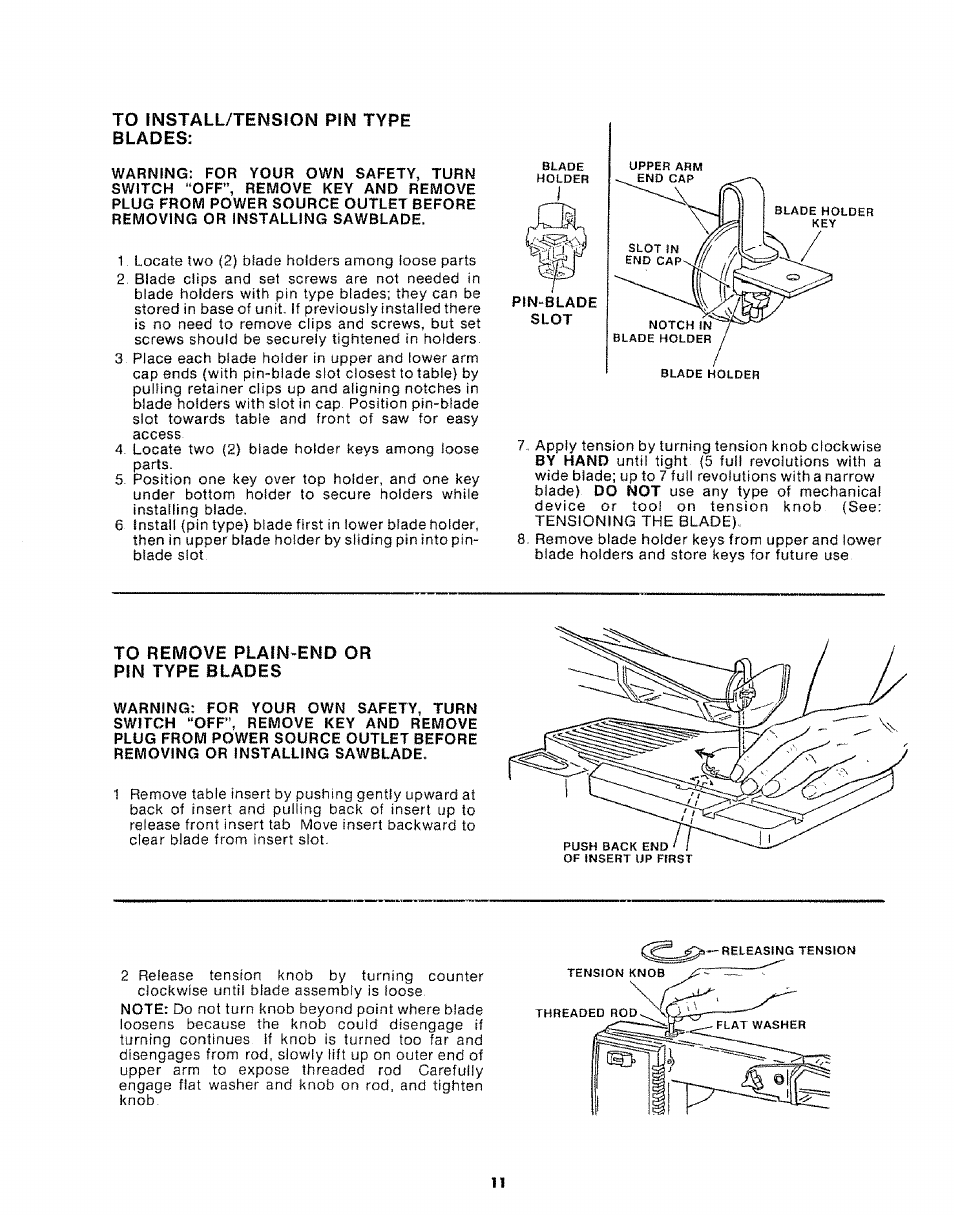 To install/tension pin type blades, To remove plain-end or pin type blades | Sears 113.20765 User Manual | Page 11 / 24