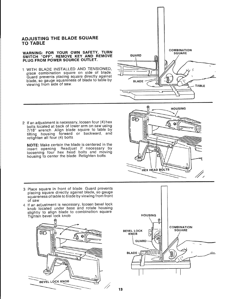 Adjusting the blade square to table | Sears 113.20765 User Manual | Page 13 / 24