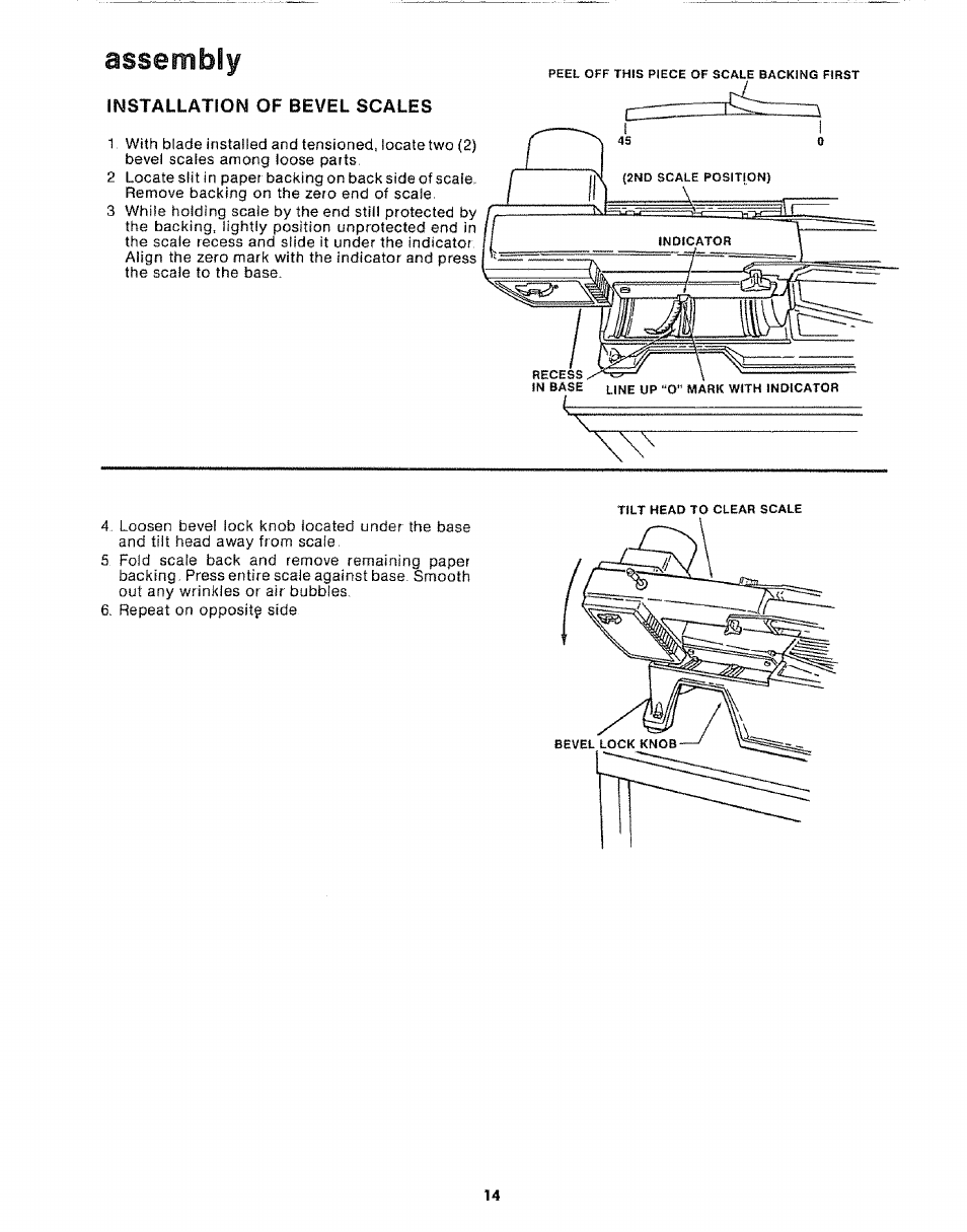 Assembly, Installation of bevel scales | Sears 113.20765 User Manual | Page 14 / 24