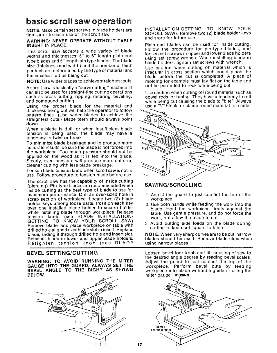 Sawing/scrolling, Bevel setting/cutting, Basic scroll saw operation | Sears 113.20765 User Manual | Page 17 / 24