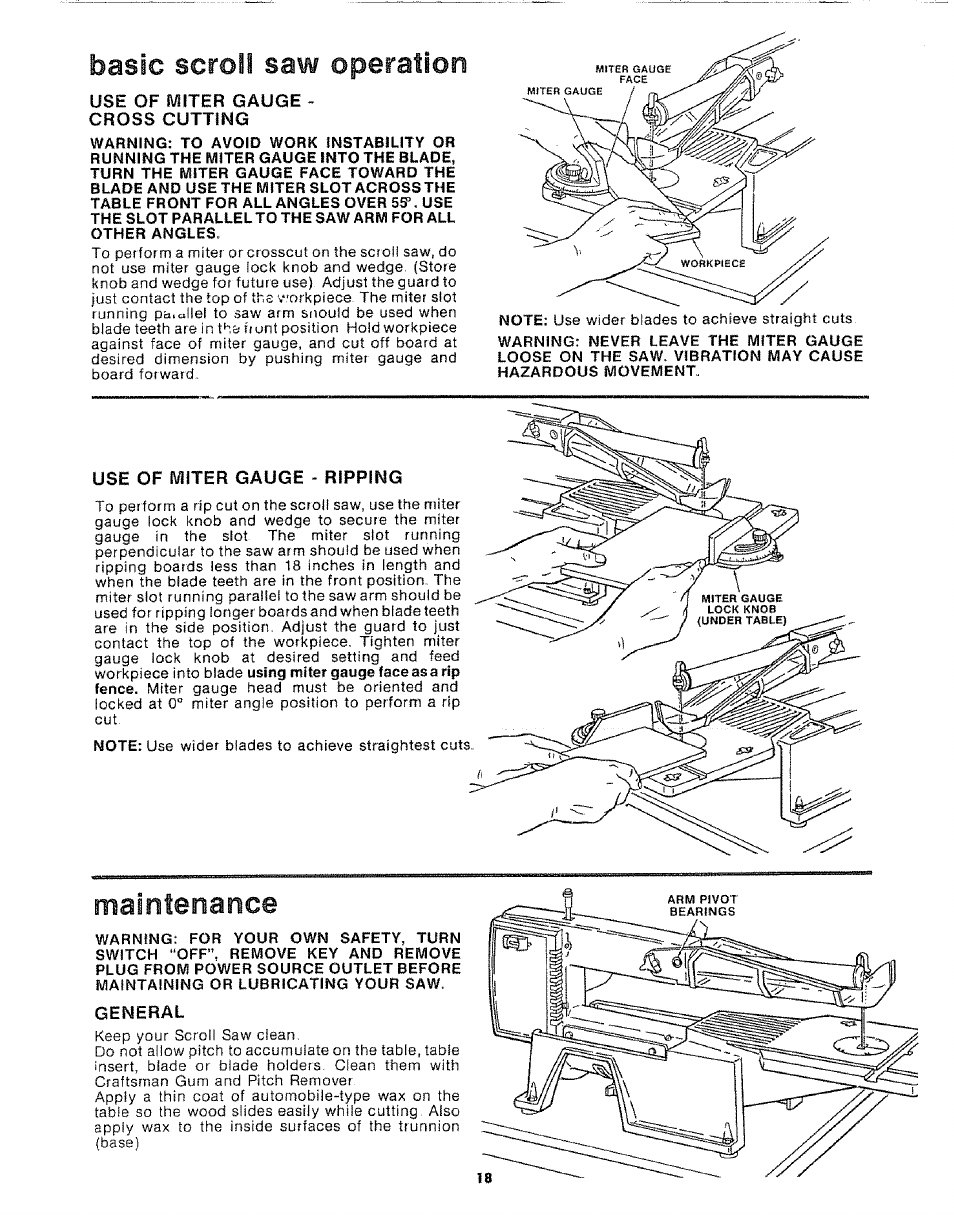 Maintenance, Basic scroll saw operation | Sears 113.20765 User Manual | Page 18 / 24