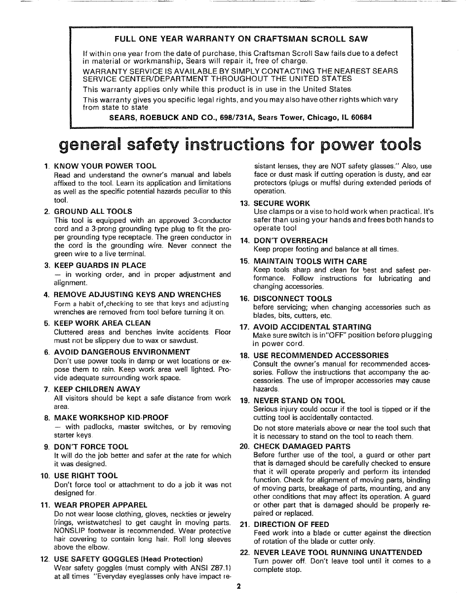 General safety instructions for power tools | Sears 113.20765 User Manual | Page 2 / 24