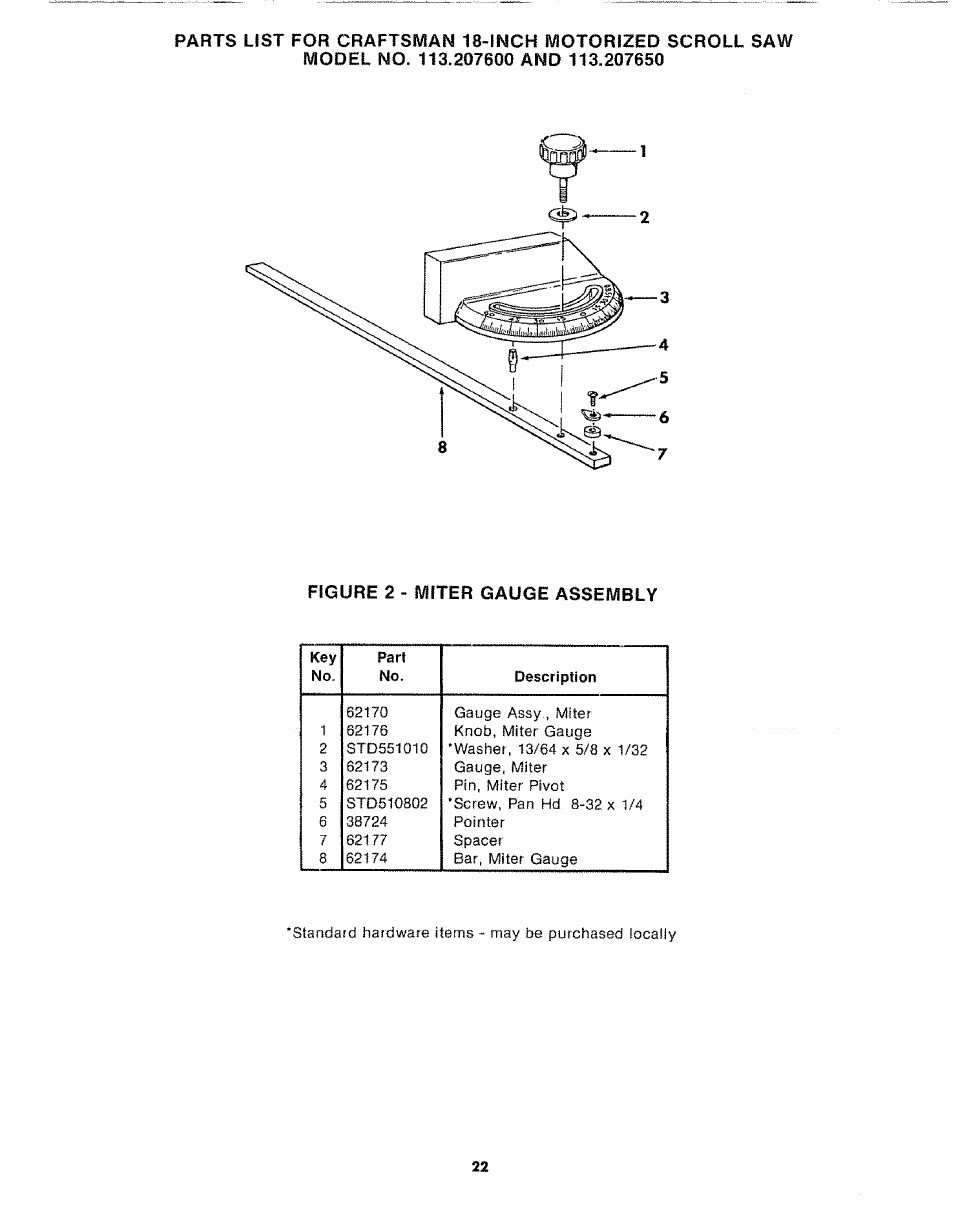 Figure 2 - miter gauge assembly | Sears 113.20765 User Manual | Page 22 / 24