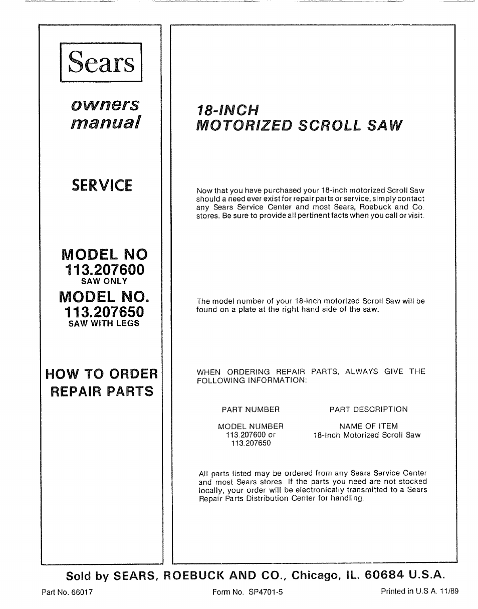 Sears, Owners, Manual | Service, Model no 113.207600, Model no. 113.207650, Owners manual, Inch motorized scroll saw, Service model no, Model no | Sears 113.20765 User Manual | Page 24 / 24