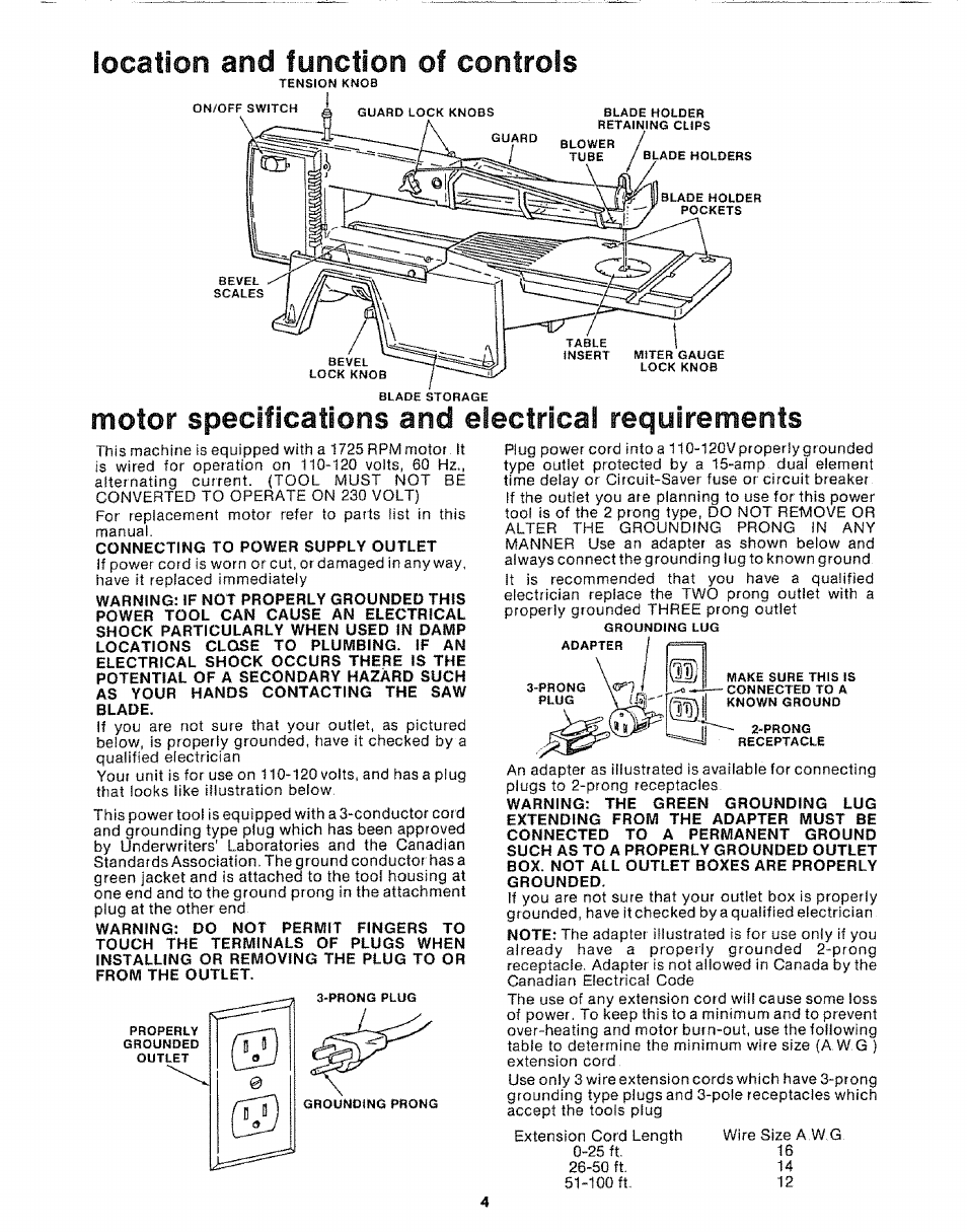 Location and fynction of controls, Motor specifications and electrical requirements | Sears 113.20765 User Manual | Page 4 / 24