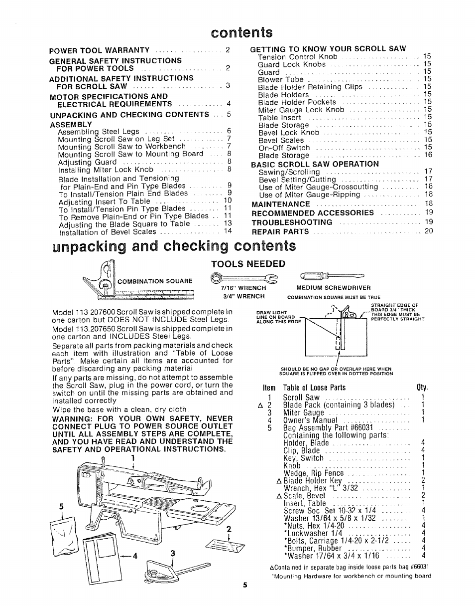 Unpacking and checking contents, Cointents | Sears 113.20765 User Manual | Page 5 / 24