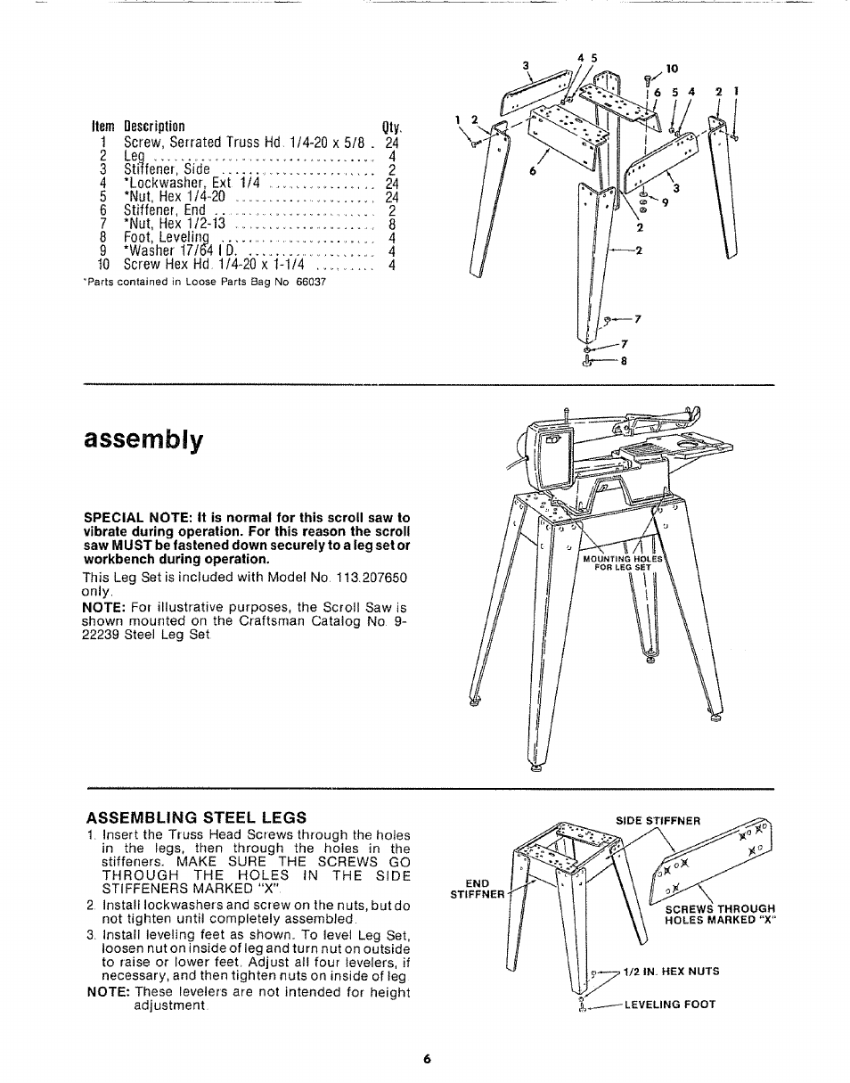 Item, Description, Assembly | Assembling steel legs | Sears 113.20765 User Manual | Page 6 / 24