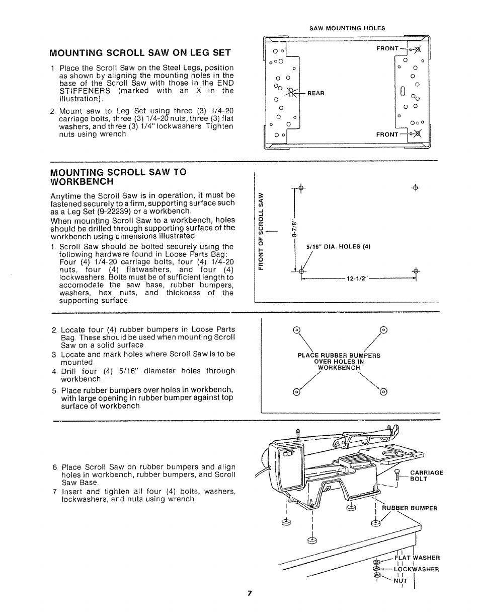 Mounting scroll saw on leg set, Mounting scroll saw to workbench | Sears 113.20765 User Manual | Page 7 / 24