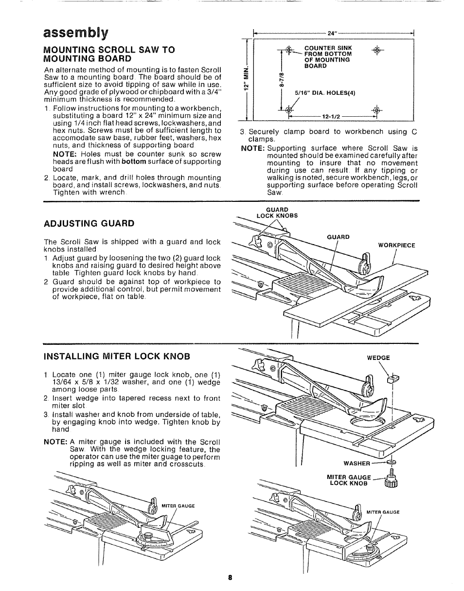 Mounting board, Adjusting guard, Assembly | Sears 113.20765 User Manual | Page 8 / 24