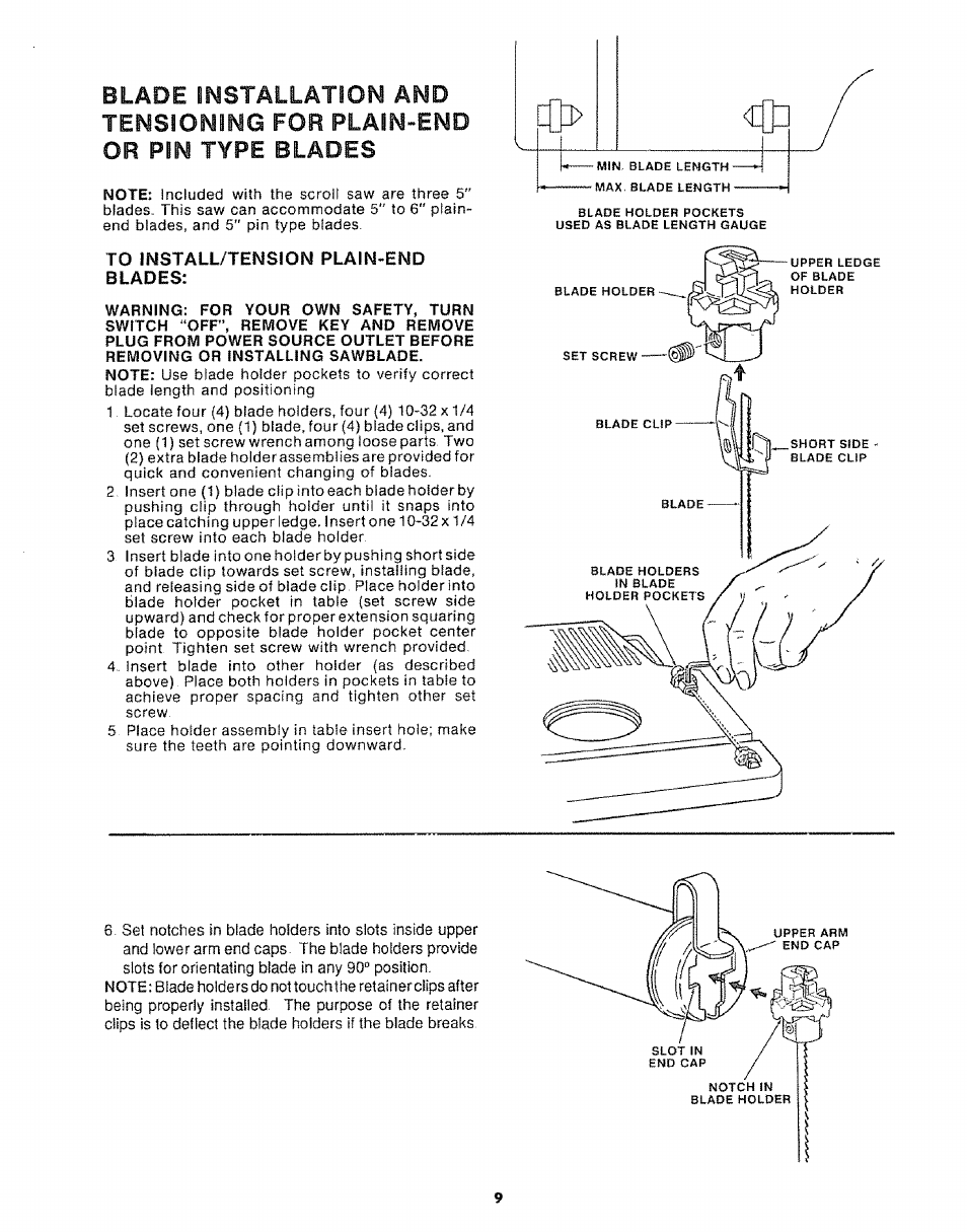 To install/tensjon plain-end blades | Sears 113.20765 User Manual | Page 9 / 24