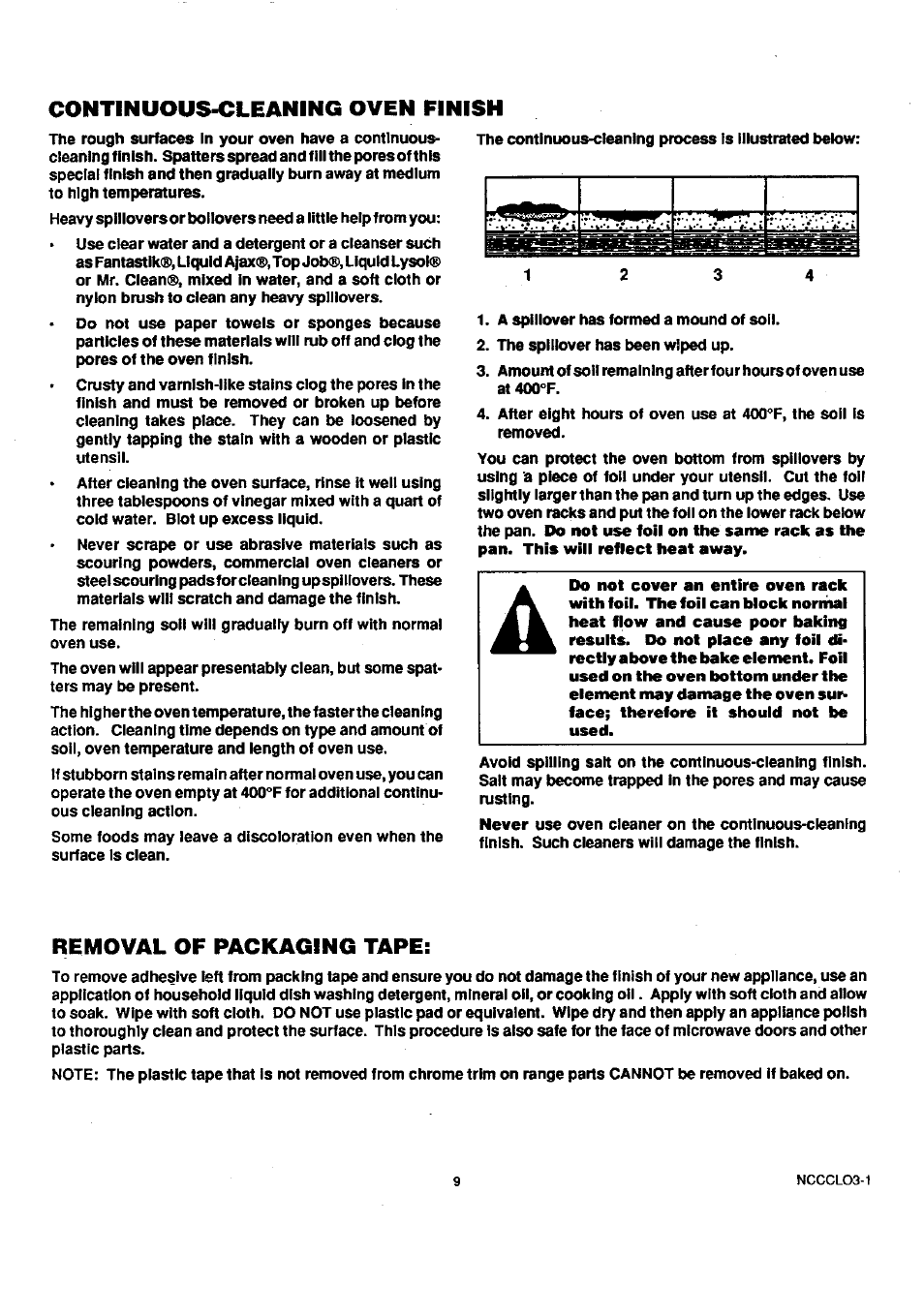 Continuous-cleaning oven finish, Removal of packaging tape | Sears 45320 User Manual | Page 10 / 16