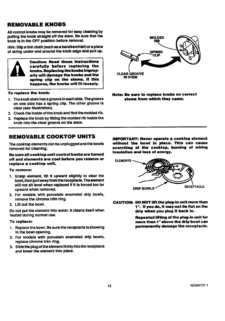 Removable cooktop units, Removable knobs | Sears 45320 User Manual | Page 13 / 16