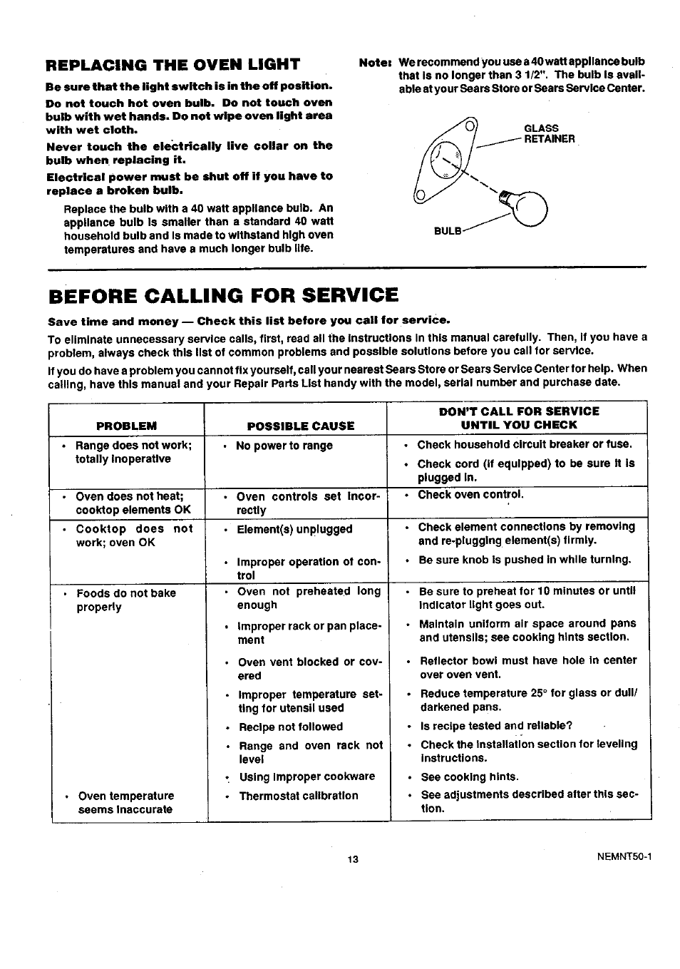 Replacing the oven light, Before calling for service | Sears 45320 User Manual | Page 14 / 16