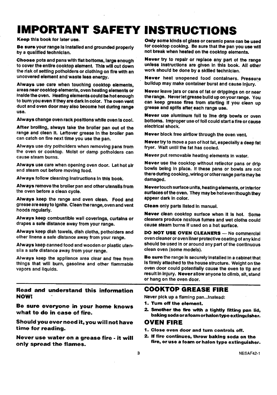 Cooktop grease fire, Oven fire, Important safety instructions | Sears 45320 User Manual | Page 4 / 16