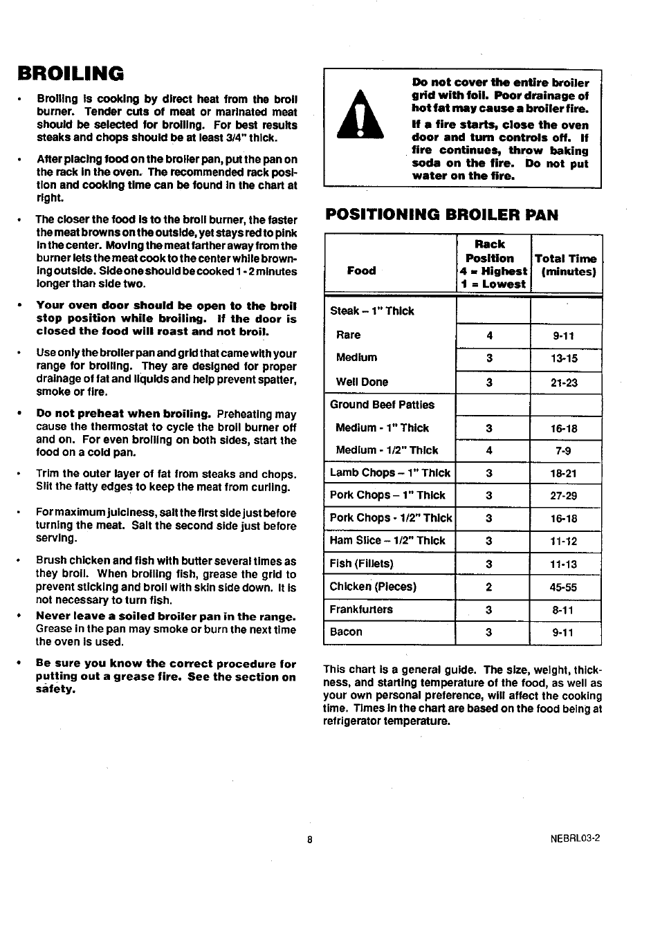 Positioning broiler pan, Broiling | Sears 45320 User Manual | Page 9 / 16