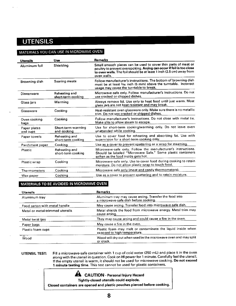 Utensils 1, Caution | Sears 565.661 User Manual | Page 10 / 22