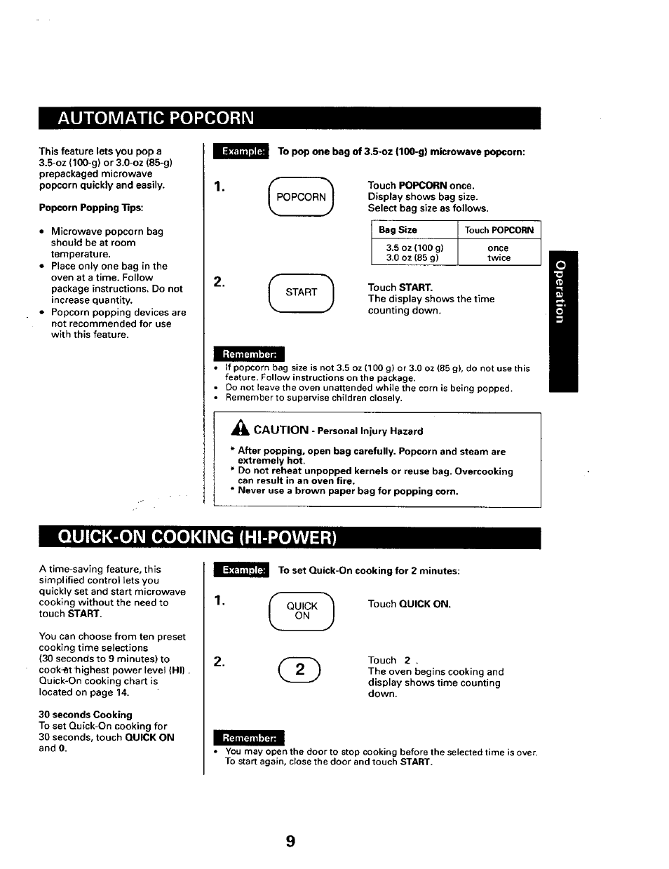 Quick-on cooking (hi-power), Quick-on cooking chart, Automatic popcorn | Sears 565.661 User Manual | Page 11 / 22