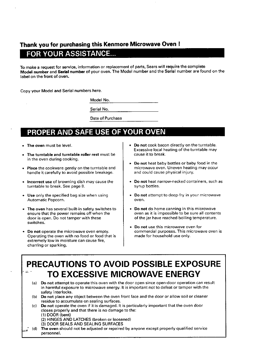 For your assistance, Proper and safe use of your oven | Sears 565.661 User Manual | Page 2 / 22