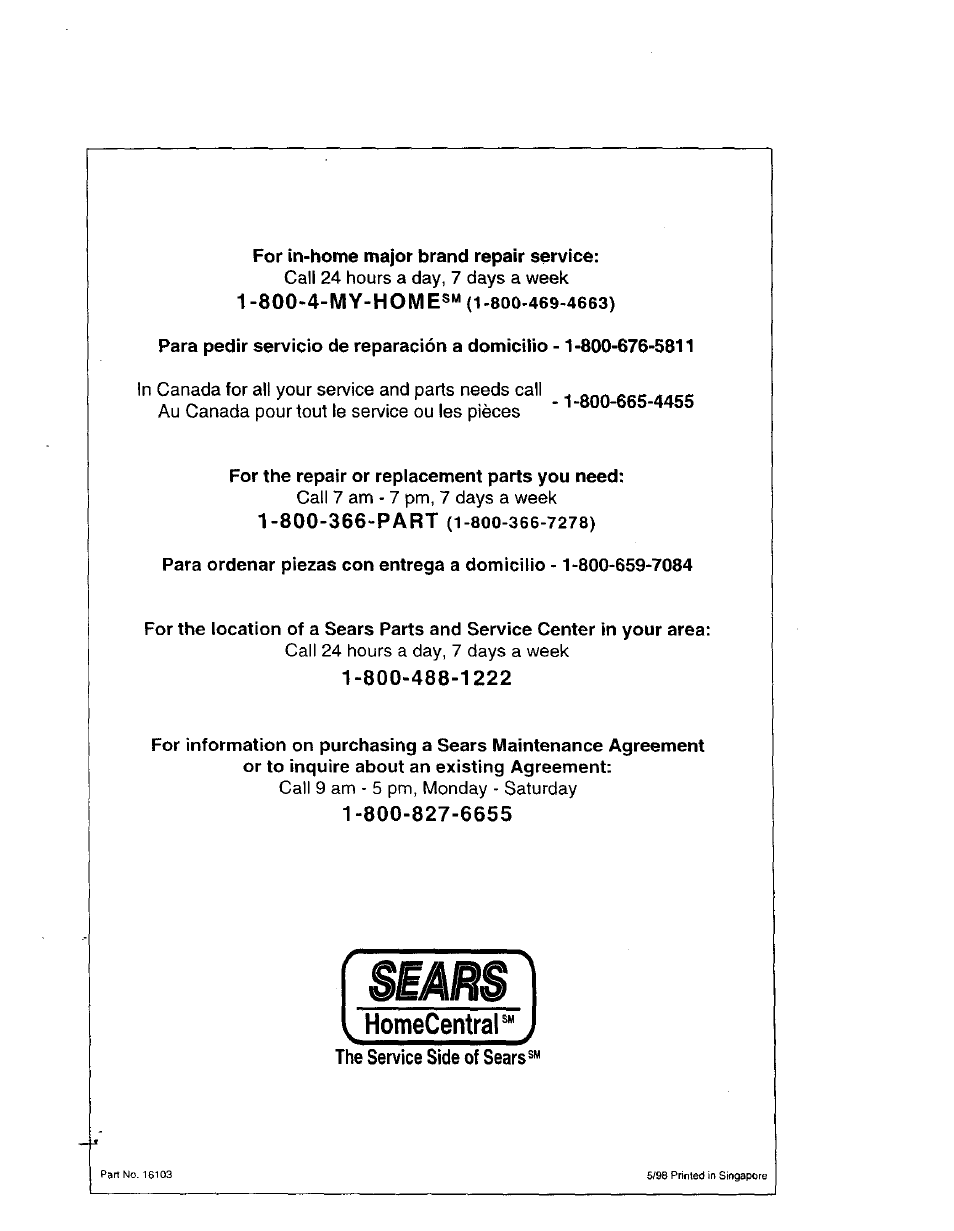 The service side of sears, 800-4-my-home | Sears 565.661 User Manual | Page 22 / 22