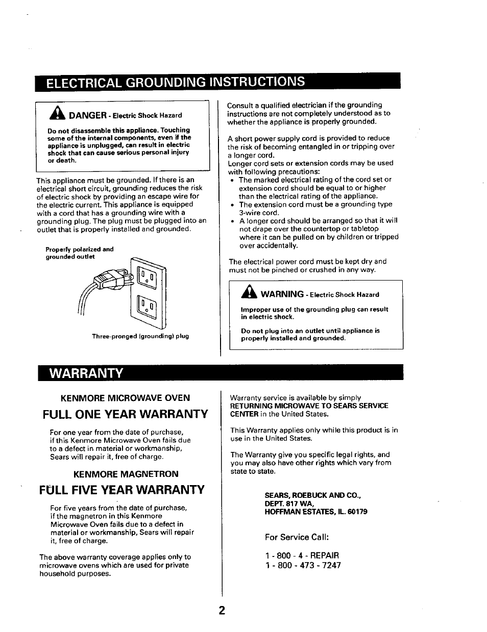 Electrical grounding instructions, Warranty, Full one year warranty | Full five year warranty | Sears 565.661 User Manual | Page 4 / 22