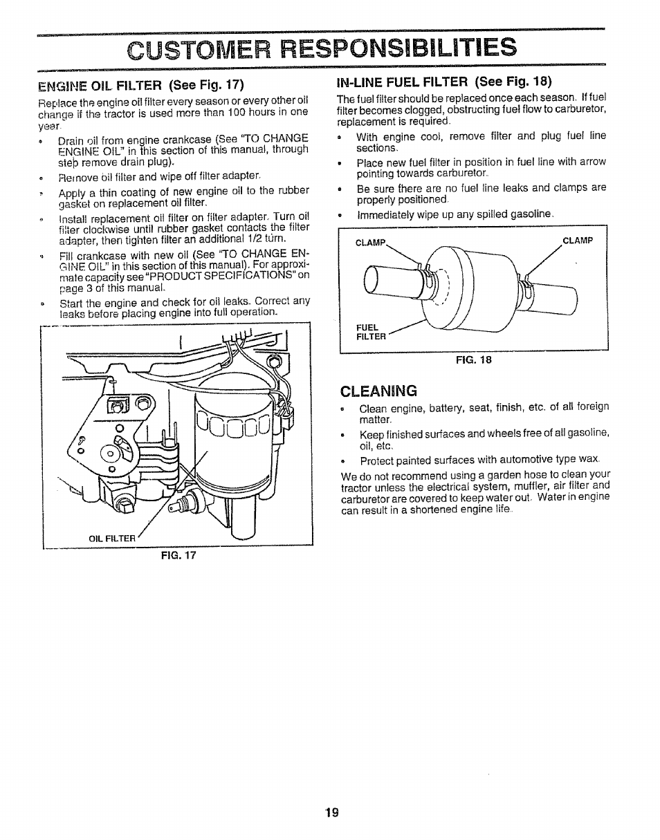 In-line fuel filter (see fig. 18), Customer responsibilities, Cleaning | Sears EZ3 917.258542 User Manual | Page 19 / 56