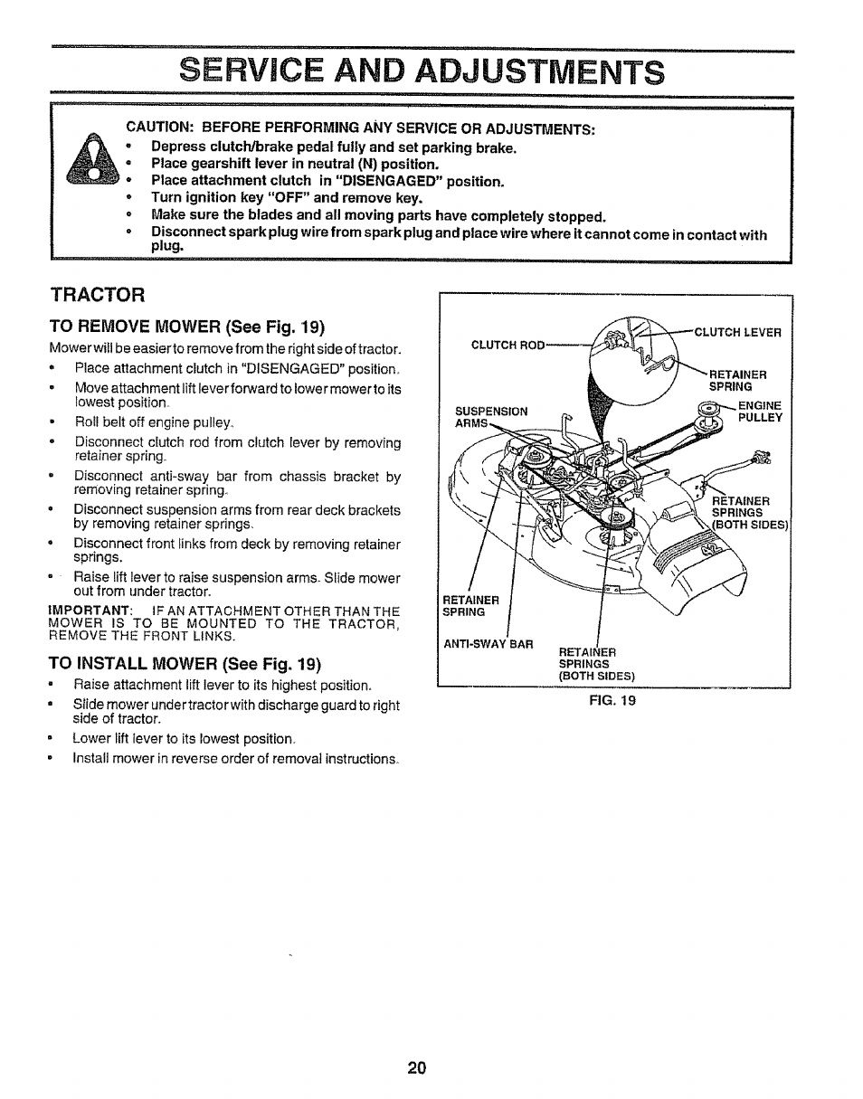 Tractor, To remove mower (see fig. 19), To install mower (see fig. 19) | Service and adjustments | Sears EZ3 917.258542 User Manual | Page 20 / 56