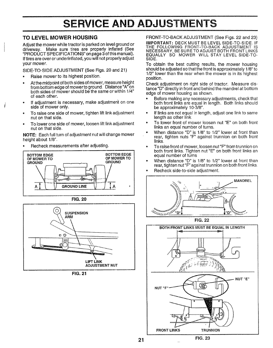 To level mower housing, Service and adjustments | Sears EZ3 917.258542 User Manual | Page 21 / 56