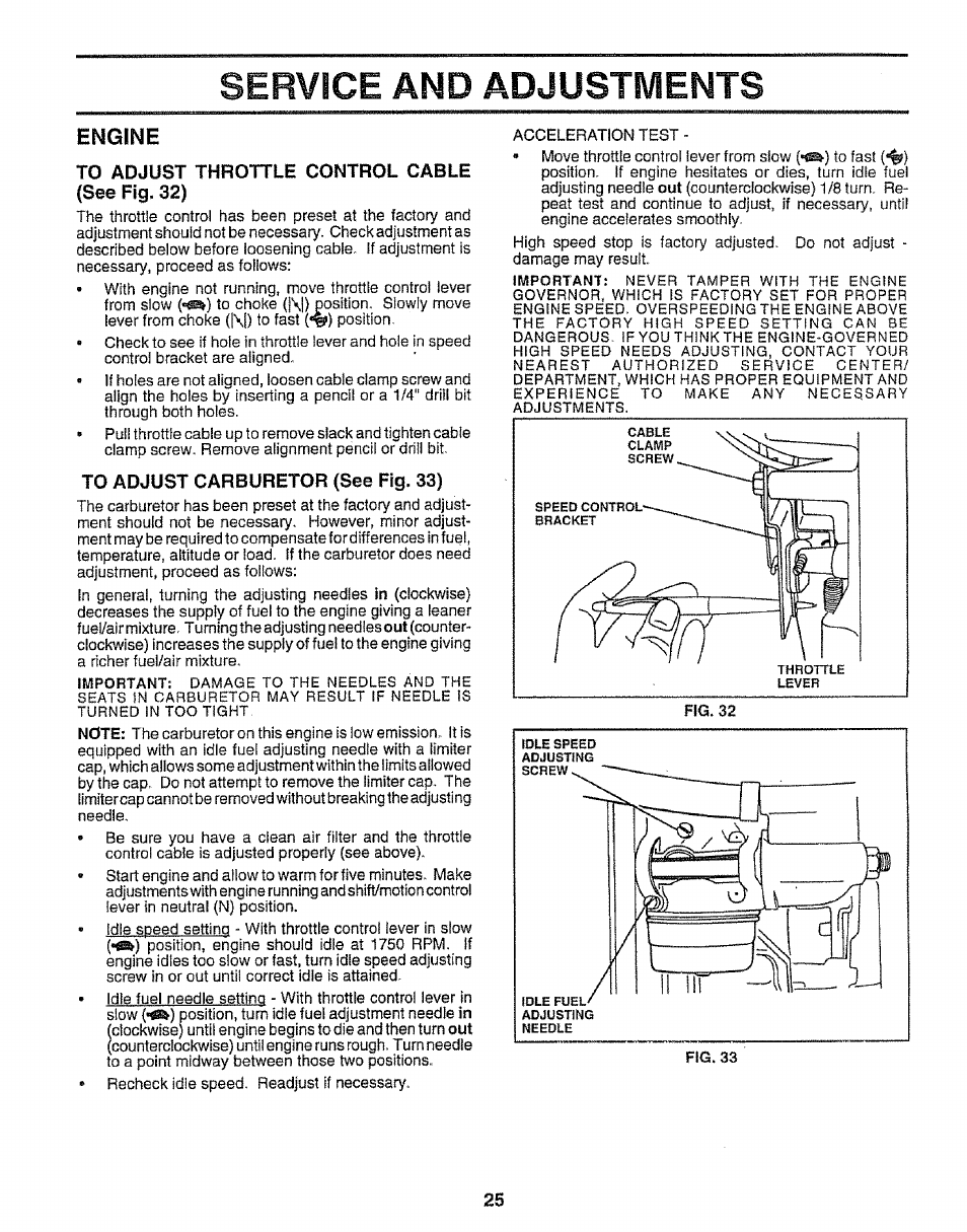 Engine, To adjust throttle control cable, See fig. 32) | To adjust carburetor (see fig. 33), Service and adjustments | Sears EZ3 917.258542 User Manual | Page 25 / 56