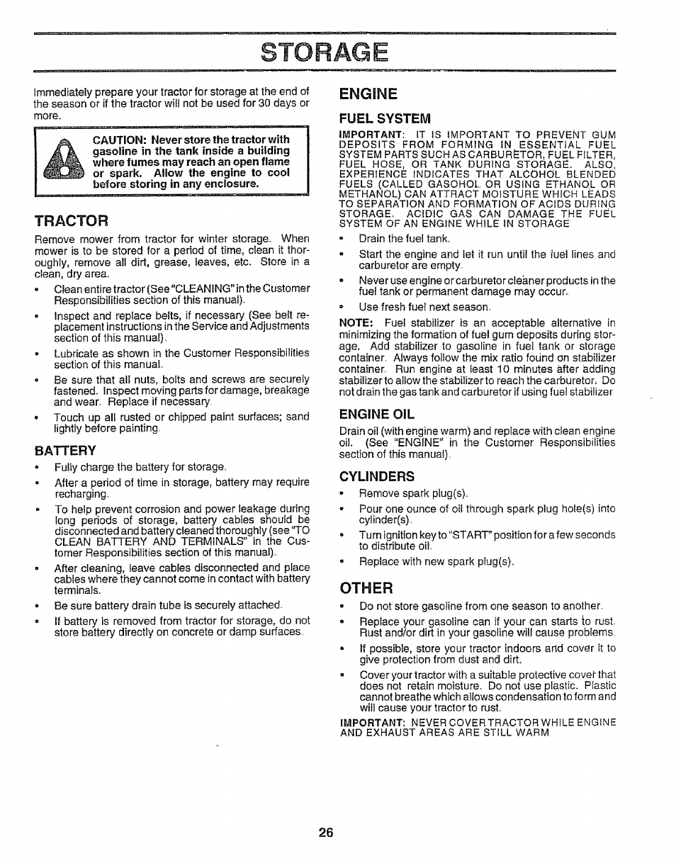 Storage, Tractor, Battery | Engine, Fuel system, Engine oil, Cylinders, Other, Engine oli | Sears EZ3 917.258542 User Manual | Page 26 / 56