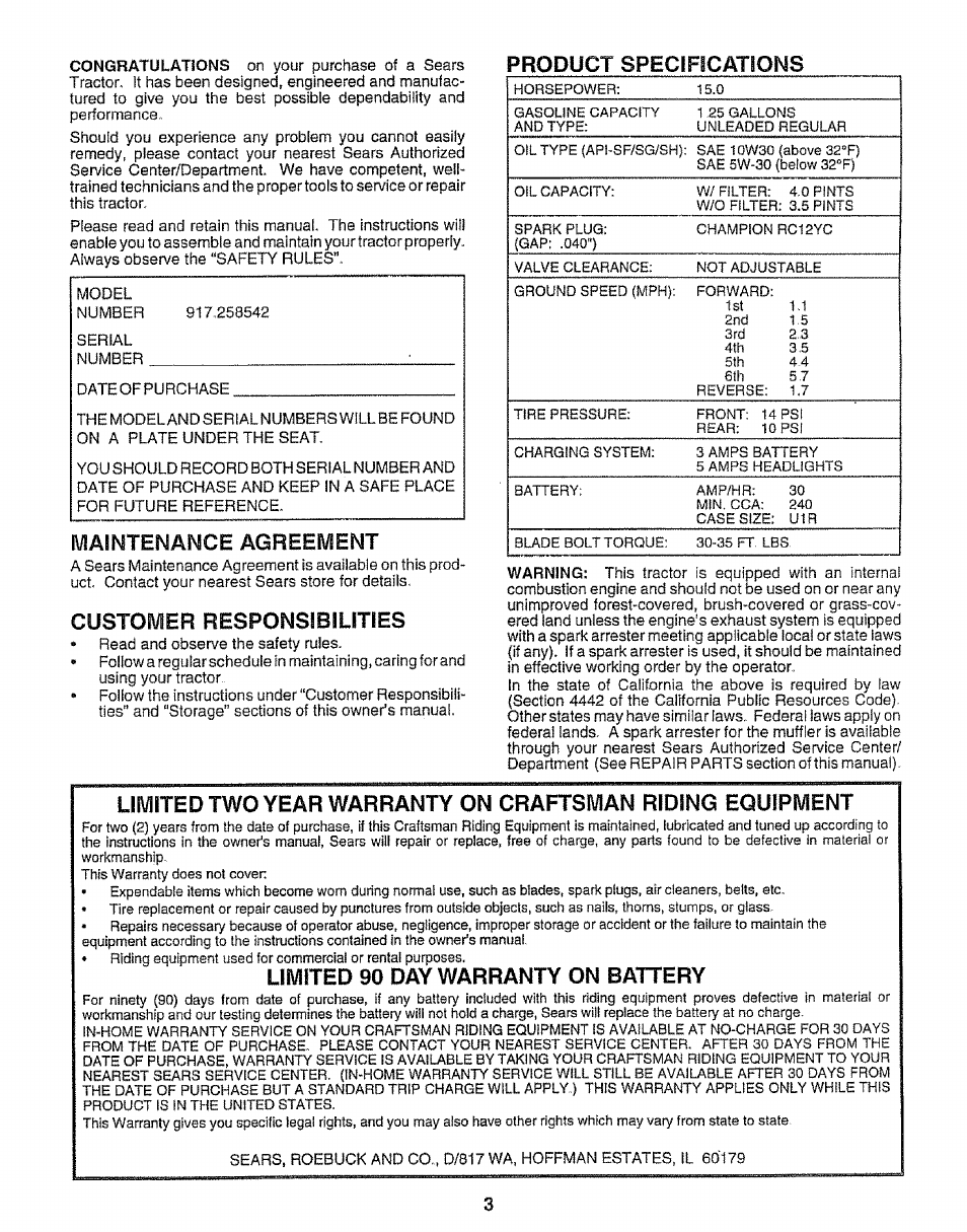 Product specifications, Maintenance agreement, Customer responsibilities | Limited 90 day warranty on battery | Sears EZ3 917.258542 User Manual | Page 3 / 56